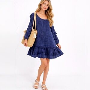 Free People Washed Ashore Indigo Blue Textured Ruffle Hem Peasant Dress  Sz M🧡